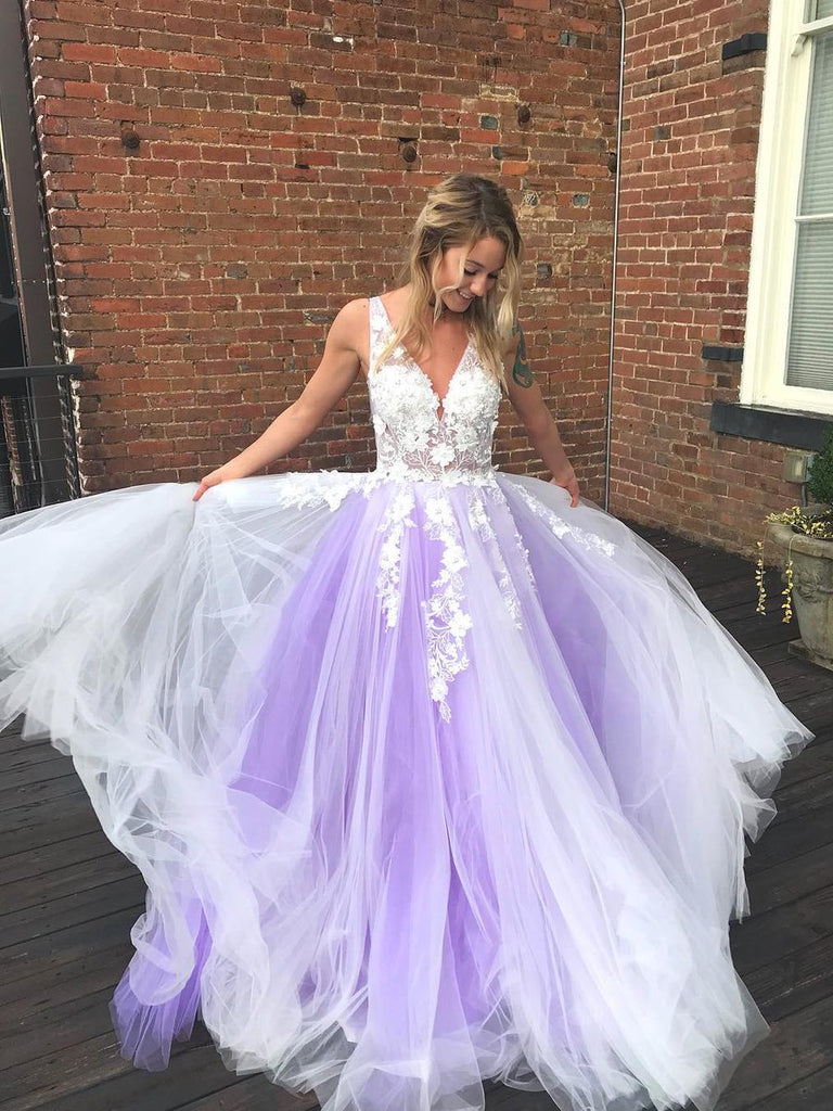 Long Purple Tulle Prom Dresses, Long Purple Tulle Formal Evening