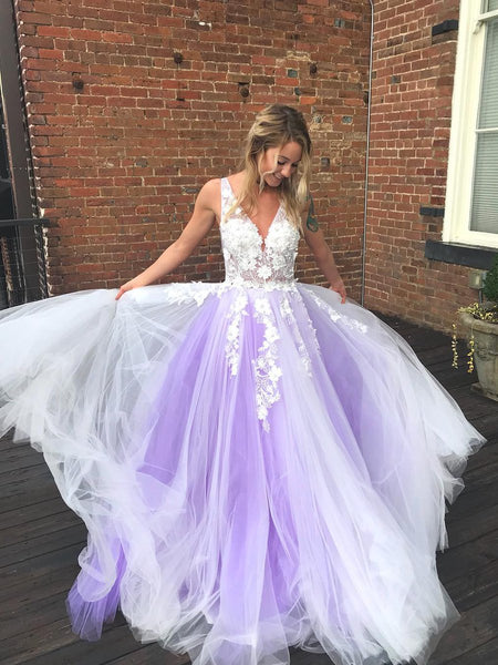 V Neck Open Back White Lace Appliques Top Purple Tulle Long Prom Dresses, Lace Purple Formal Dresses, Evening Dresses 2019