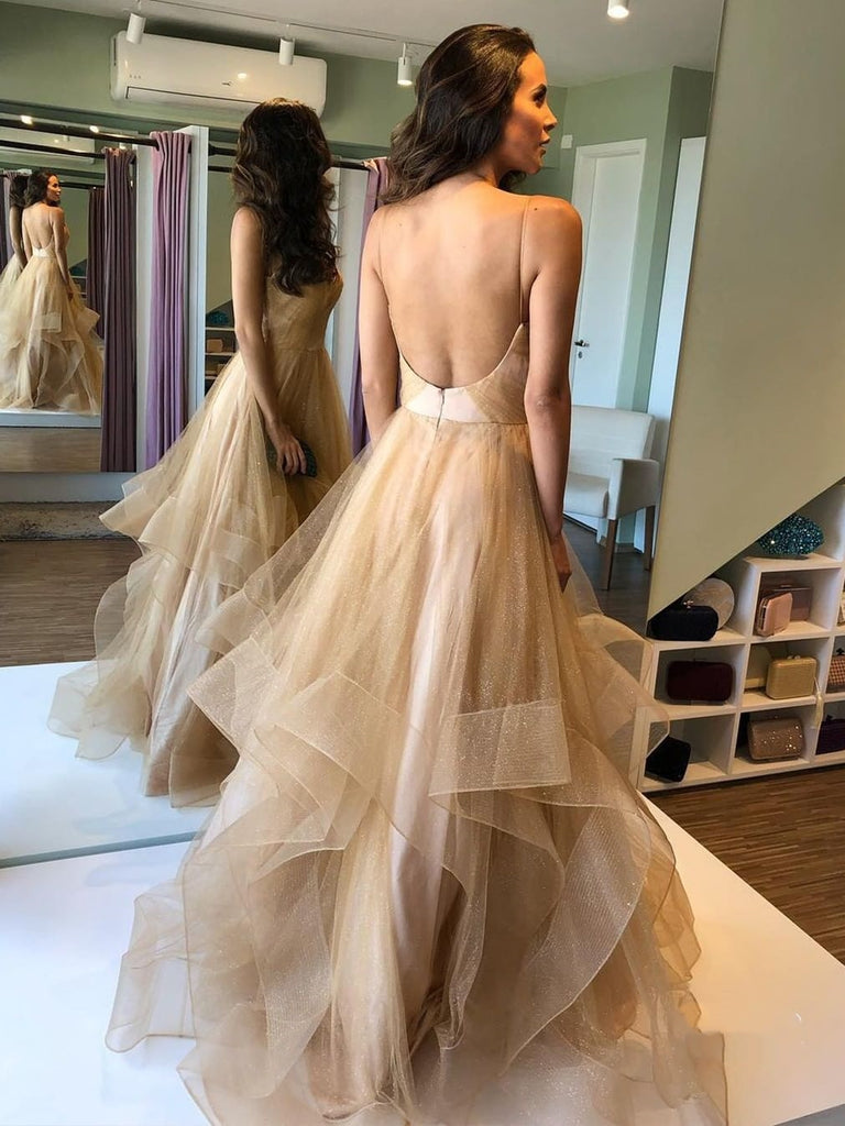 V Neck Puffy Backless Champagne Long Prom Dresses, Backless Champagne Shiny Party V Neck Puffy Backless Champagne Long Prom Dresses, Backless Champagne Shiny Party