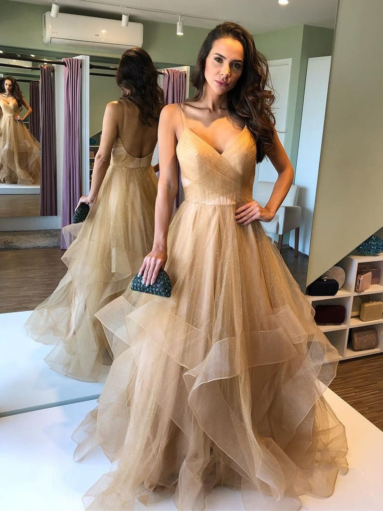 Simple Champagne Satin Long Prom Dress formal dress With Split – Pgmdress