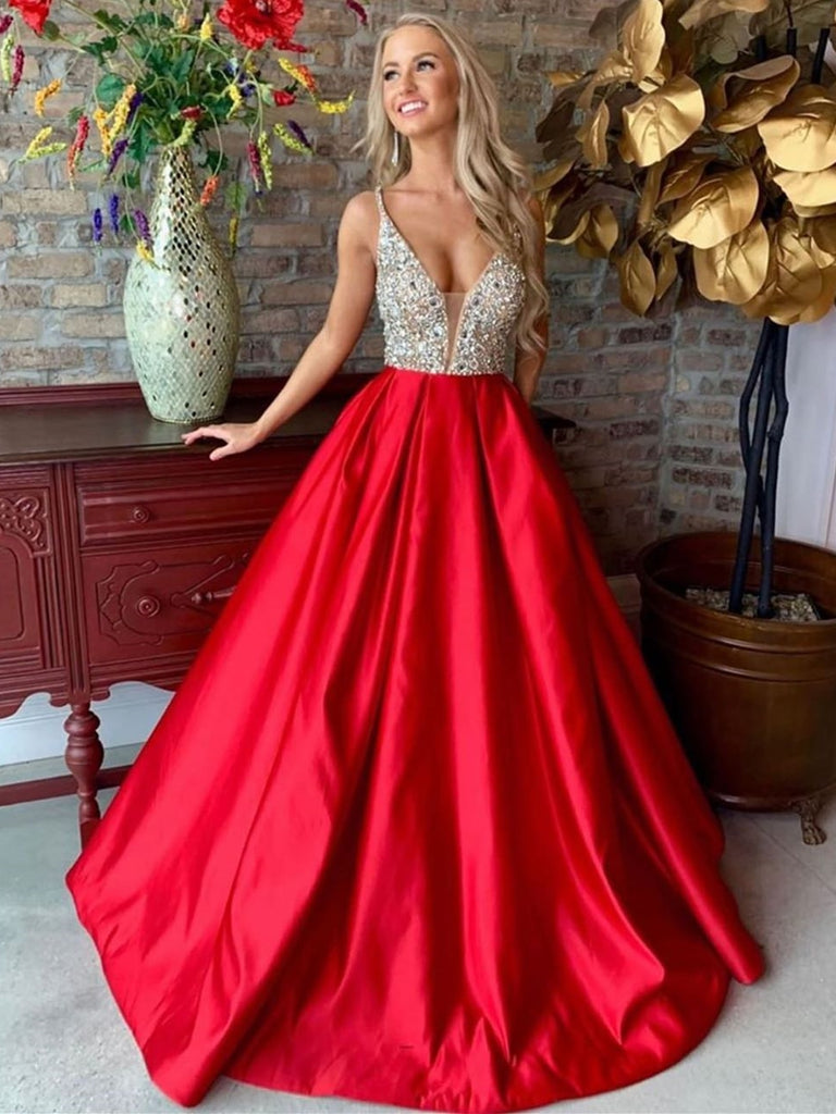 V Neck Red Long Prom Dresses 2020 with Silver Sequins, V Neck Red Form Shiny Party V Neck Red Long Prom Dresses 2020 with Silver Sequins, V Neck Red Form Shiny Party