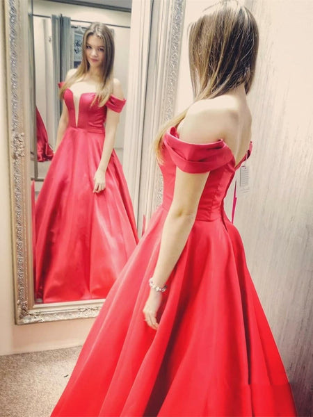 V Neck Satin Off the Shoulder Long Red Prom Dresses, Off Shoulder Red Formal Dresses, Red Evening Dresses