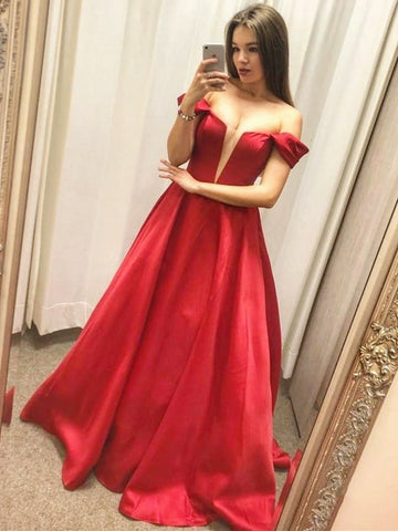 V Neck Satin Off the Shoulder Long Red Prom Dresses, Off Shoulder Red Formal Dresses, Red Evening Dresses