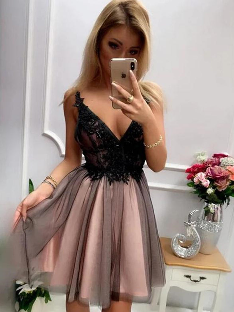 V Neck Short Black Lace Prom Dresses, Short Black Lace Formal Homecoming Graduation Dresses V Neck Short Black Lace Prom Dresses, Short Black Lace Formal Homecoming Graduation Dresses