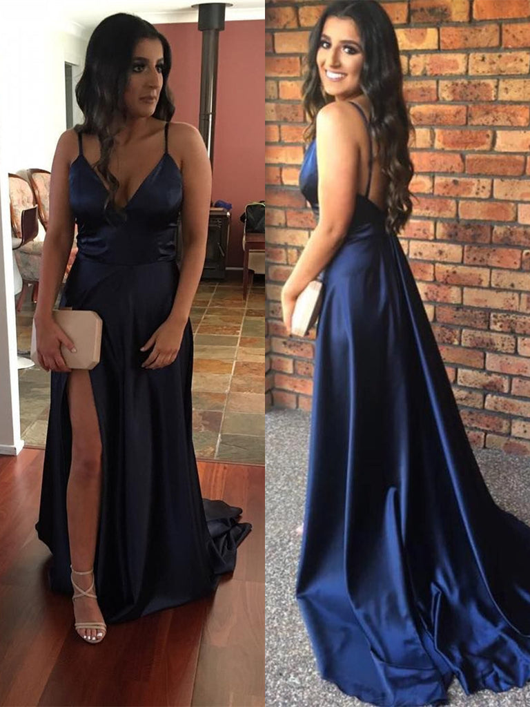 V Neck Spaghetti Straps Backless Satin Navy Blue Prom Dresses with Sli Shiny Party V Neck Spaghetti Straps Backless Satin Navy Blue Prom Dresses with Sli Shiny Party