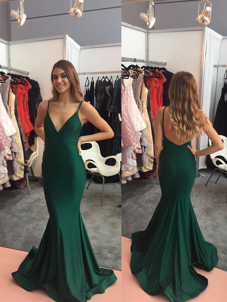 V Neck Spaghetti Straps Mermaid Backless Satin Emerald Green Long Prom Dresses, Emerald Green Formal Dresses, Evening Dresses
