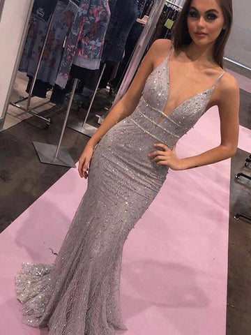 V Neck Spaghetti Straps Mermaid Long Lace Silver Grey Prom Dresses with Beading, Silver Grey Formal Dresses