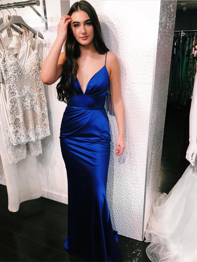 V Neck Spaghetti Straps Mermaid Long Royal Blue Prom Dresses, Mermaid Royal Blue Long Formal Dresses, Royal Blue Evening Dresses