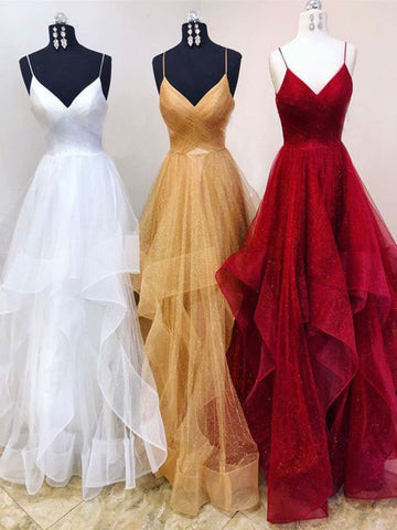 V Neck Spaghetti Straps White/Champagne/Burgundy Prom Dresses, Wedding Dresses, Formal Dresses