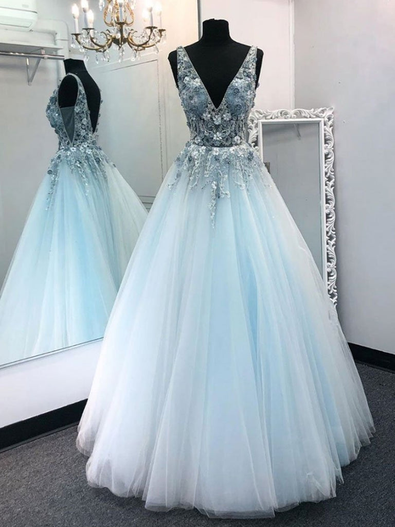 A Line V Neck Light Blue Lace Long Prom Dresses, Light Blue Floral For –  Shiny Party