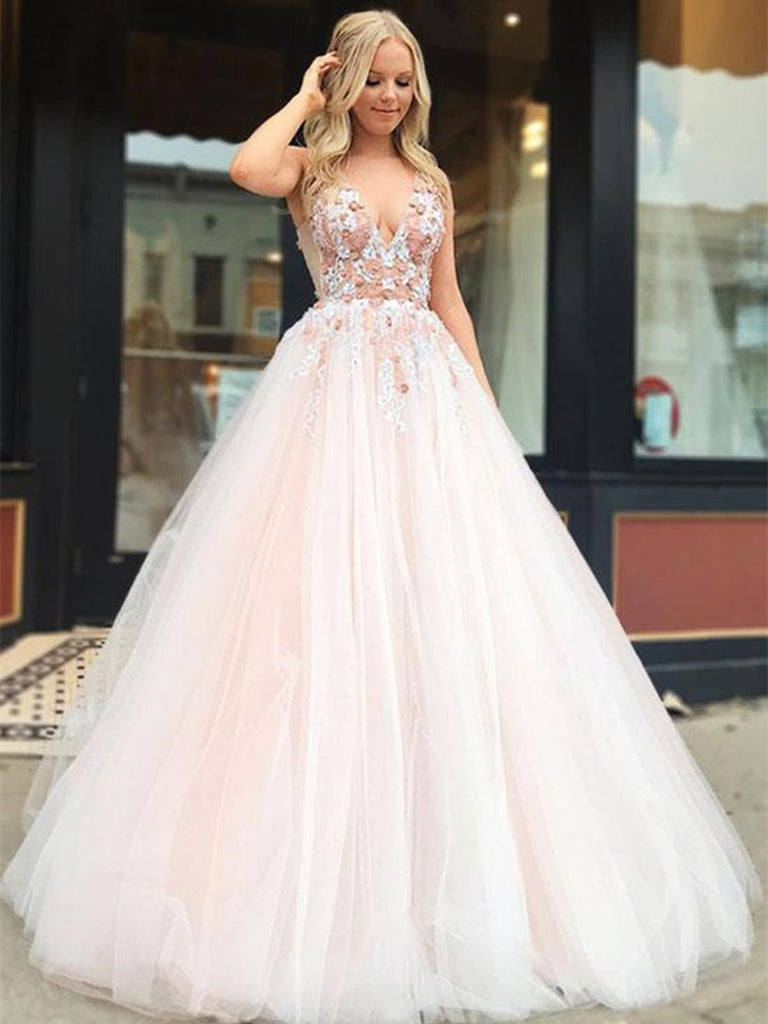 Pink v neck lace tulle long prom dress, pink tulle lace evening