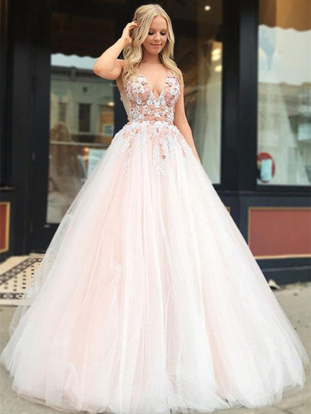 V Neck Tulle Lace Applique Light Pink Long Prom Dresses, Light Pink Formal Dresses, Evening Dresses