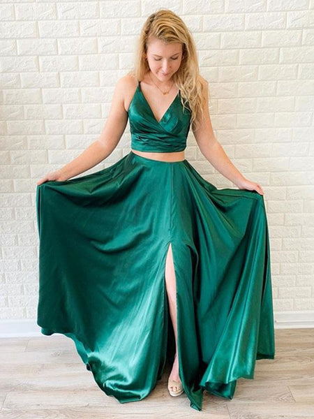 V Neck Two Pieces Backless Green Prom Dresses with Leg Split, Two Pieces Backless Green Formal Graduation Evening Dresses