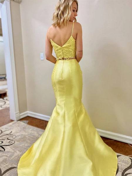 V Neck Two Pieces Beaded Mermaid Lace Long Yellow Prom Dresses, Two Pieces Lace Yellow Formal Dresses, Mermaid Lace Yellow Evening Dresses