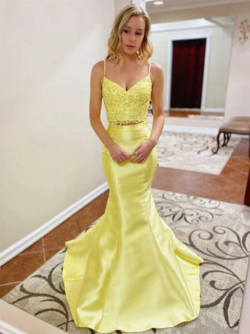 V Neck Two Pieces Beaded Mermaid Lace Long Yellow Prom Dresses, Two Pieces Lace Yellow Formal Dresses, Mermaid Lace Yellow Evening Dresses
