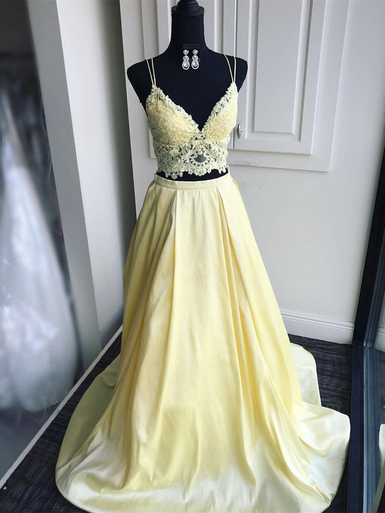 V Neck Two Pieces Yellow Lace Top Long Prom Dresses, Two Pieces Yellow Lace Formal Graduation Evening Dresses