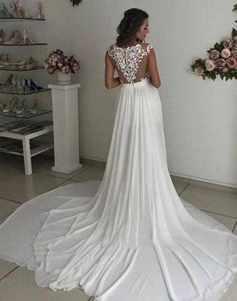White Cap Sleeves Lace Prom Dress, White Lace Wedding Dress, White Chiffon Evening Dress