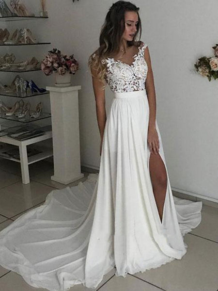 White Cap Sleeves Lace Prom Dress, White Lace Wedding Dress, White Chiffon Evening Dress