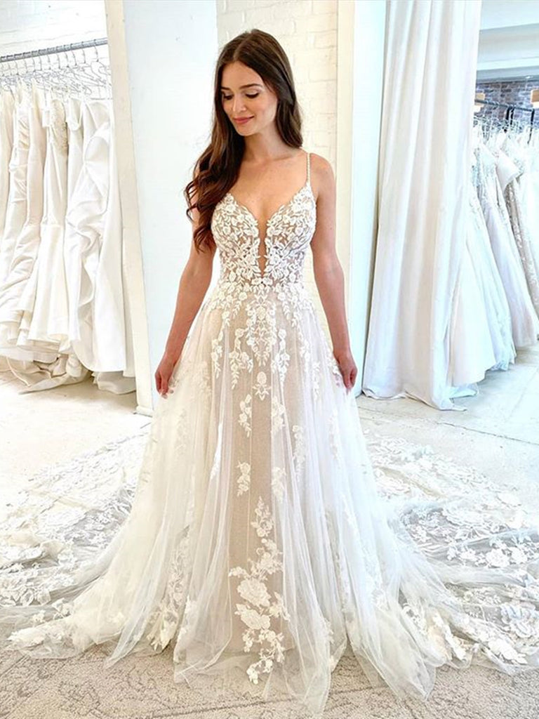 White Tulle V Neck Lace Floral Long Wedding Dresses, White Lace Prom D