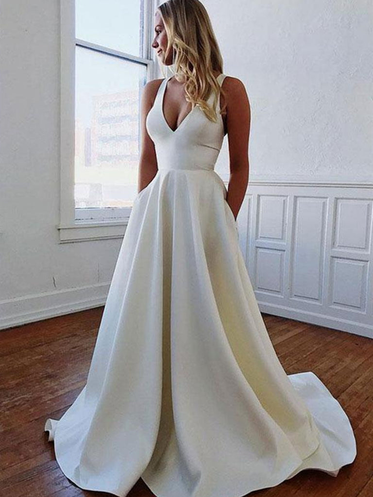 White A Line V Neck Satin Long Prom Dresses with Bowknot Back, V Neck White Formal Dresses, Evening Dresses White A Line V Neck Satin Long Prom Dresses with Bowknot Back, V Neck White Formal Dresses, Evening Dresses