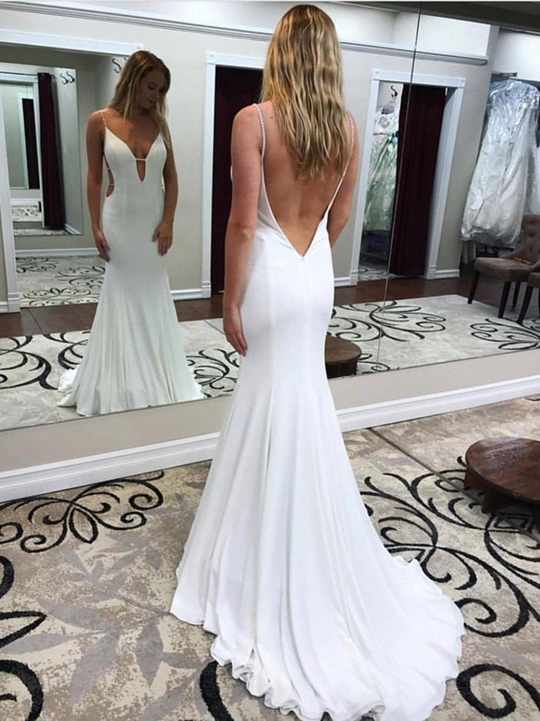 White Deep V Neck Mermaid Backless Long Prom Dresses with Sweep Train, White Backless Formal Dresses, White Evening Dresses White Deep V Neck Mermaid Backless Long Prom Dresses with Sweep Train, White Backless Formal Dresses, White Evening Dresses