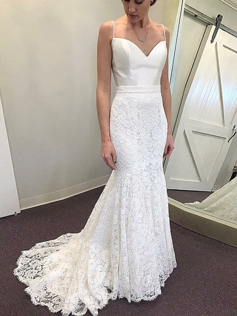 White Mermaid Spaghetti Straps Sweep Train Lace Beach Wedding Dresses, Shiny Party White Mermaid Spaghetti Straps Sweep Train Lace Beach Wedding Dresses, Shiny Party