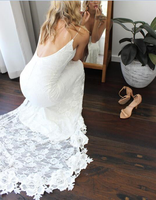 White Spaghetti Straps Backless Lace Boho Wedding Dresses, Backless Wh Shiny Party White Spaghetti Straps Backless Lace Boho Wedding Dresses, Backless Wh Shiny Party