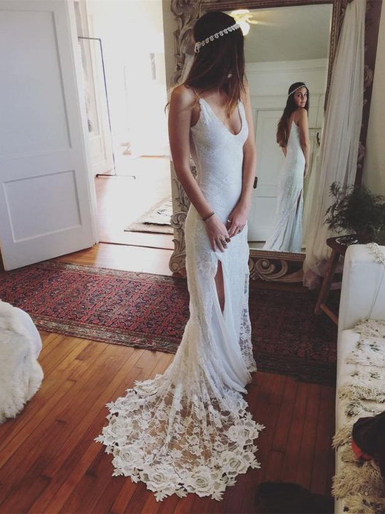 White Spaghetti Straps Backless Lace Boho Wedding Dresses, Backless Wh Shiny Party White Spaghetti Straps Backless Lace Boho Wedding Dresses, Backless Wh Shiny Party