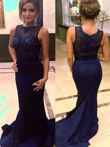 Custom Made Round Neck Mermaid Sweep Train Navy Blue Lace Prom Dresses, Navy Blue Lace Formal Dresses