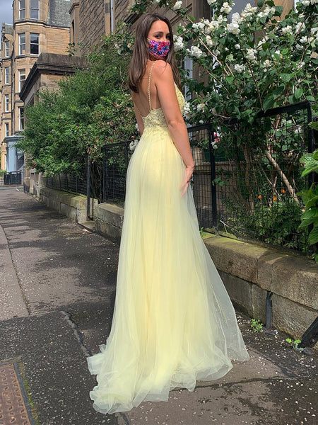 Yellow A Line V Neck Backless Lace Prom Dresses with Slit, Yellow Lace Formal Dresses, Yellow Evening Dresses