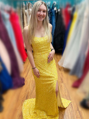 Yellow Sequins Mermaid Backless Long Prom Dresses with High Slit, Mermaid Yellow Sequins Formal Graduation Evening Dresses SP2213