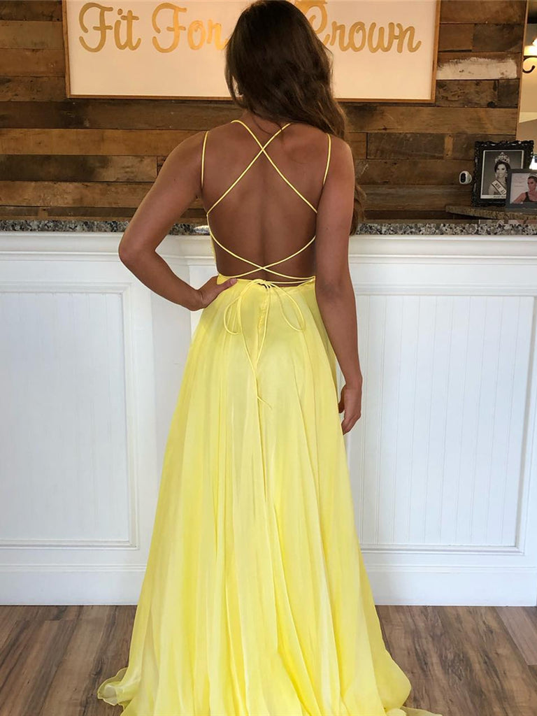 Yellow A Line Backless Sequins Chiffon Long Prom Dresses, Yellow Forma Shiny Party Yellow A Line Backless Sequins Chiffon Long Prom Dresses, Yellow Forma Shiny Party
