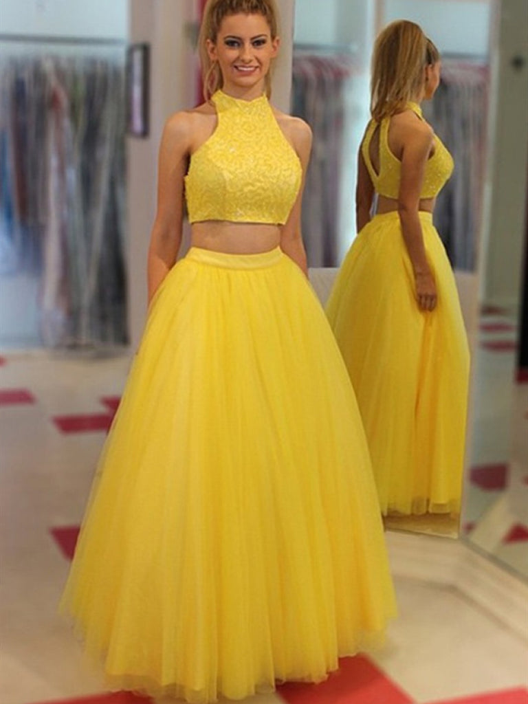 Yellow A Line High Neck Two Pieces Beading Tulle Long Prom Dresses, Two Pieces Yellow Formal Dresses, Yellow Evening Dresses