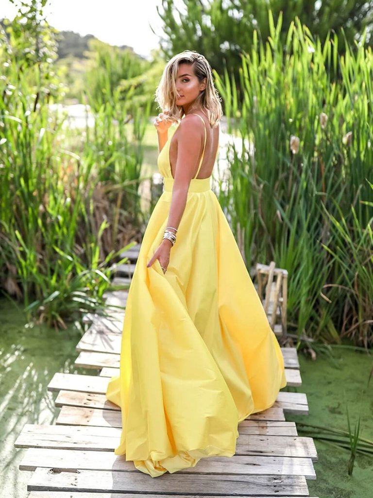 Yellow A Line V Neck Backless Satin Long Prom Dresses, Yellow V Neck G Shiny Party Yellow A Line V Neck Backless Satin Long Prom Dresses, Yellow V Neck G Shiny Party