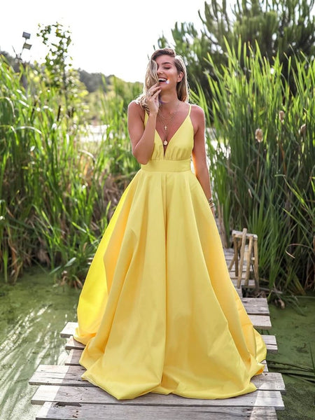 Yellow A Line V Neck Backless Satin Long Prom Dresses, Yellow V Neck Graduation Dresses, Yellow Long Evening Dresses