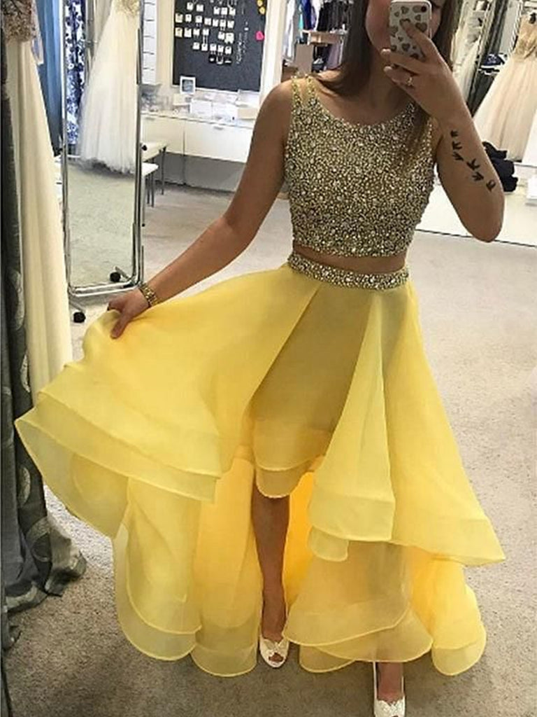 Yellow High Low Round Neck Two Pieces Beading Long Prom Dresses, Yellow Two Pieces Evening Dresses, Yellow Formal Dresses