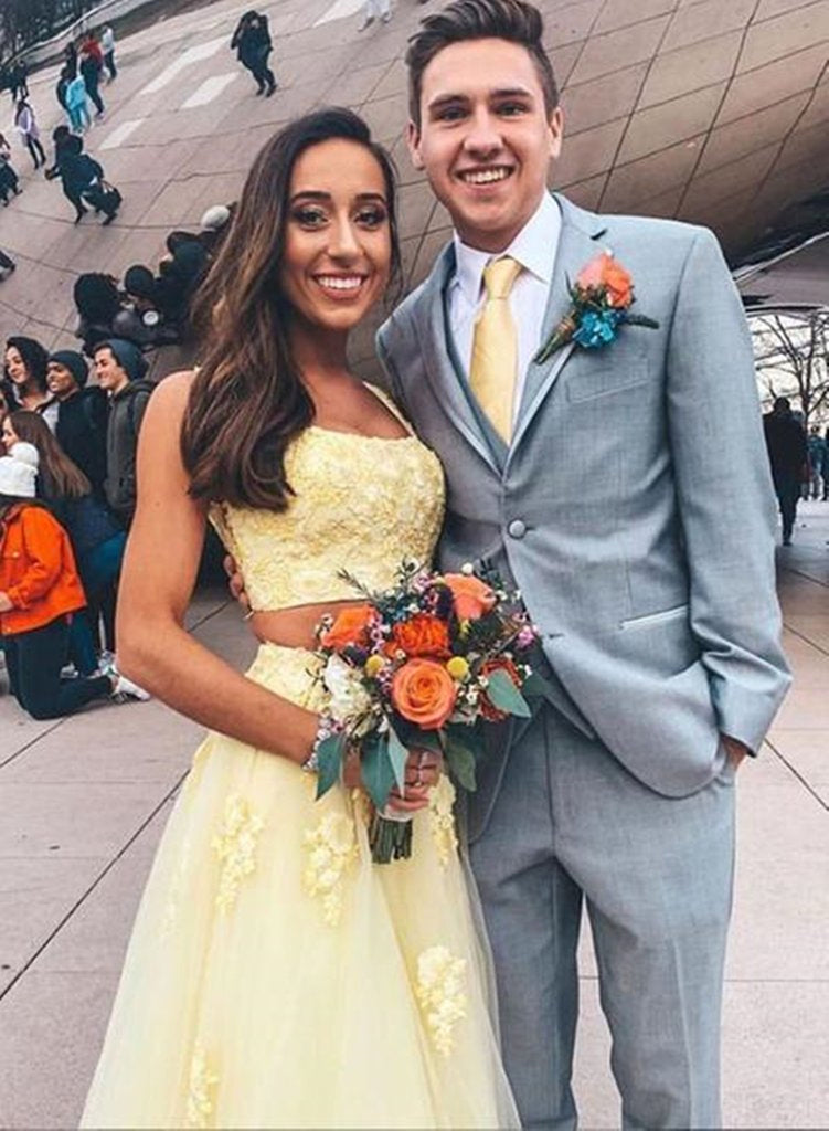 Yellow Two Pieces Lace Long Prom Dresses, Two Pieces Yellow Formal Dre Shiny Party Yellow Two Pieces Lace Long Prom Dresses, Two Pieces Yellow Formal Dre Shiny Party