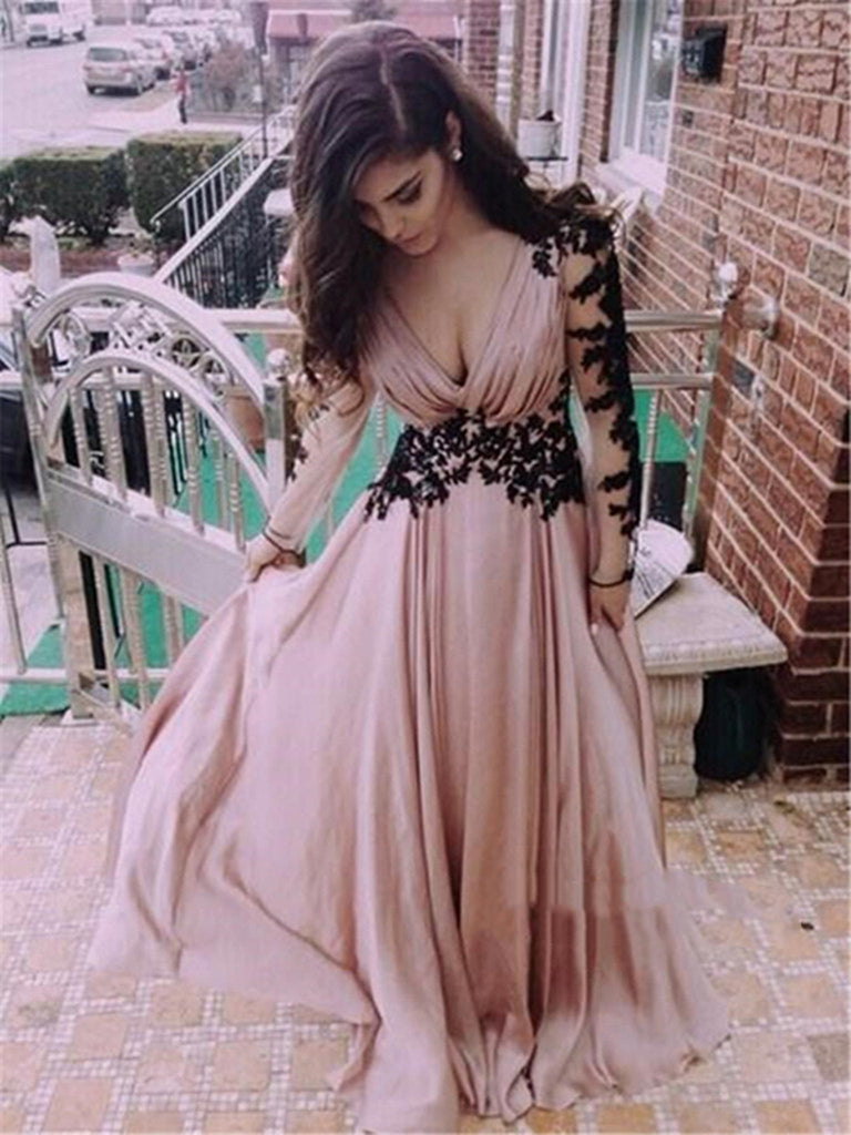 Custom Made Dusty Pink Deep V Neck Lace Prom Dresses, Formal Dresses, Party Dresses