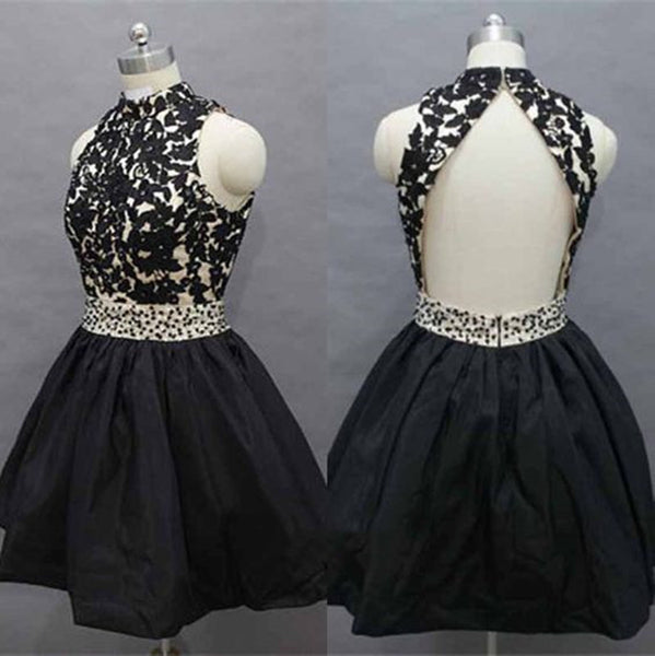 Round Neck Backless Black Short Lace Prom Dresses, Short Lace Graduation Dresses, Homecoming Dresses