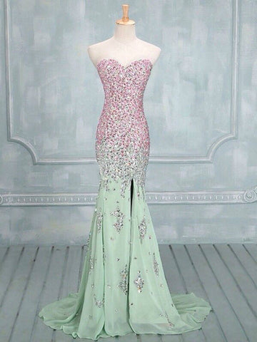 Mint Green Lace Mermaid Backless Long Prom Dresses, Mermaid Mint