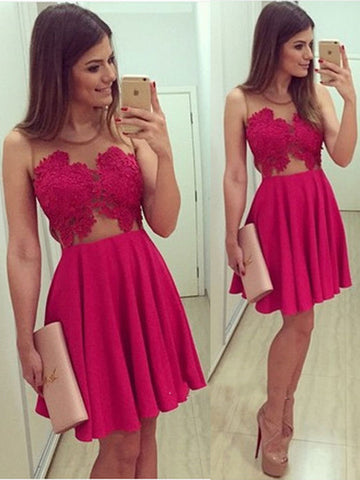A Line Round Neck Short Lace Prom Dresses, Lace Homecoming Dresses