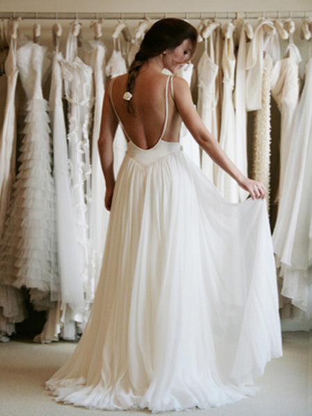 White A-line Chiffon Lace Backless Long Prom Dresses, Evening Dress