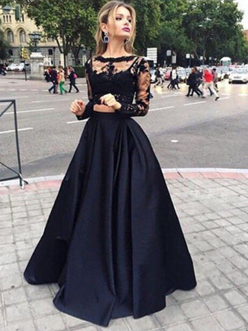 Round Neck Long Sleeves 2 Pieces Black Lace Prom Dresses, Black Lace Formal Dresses