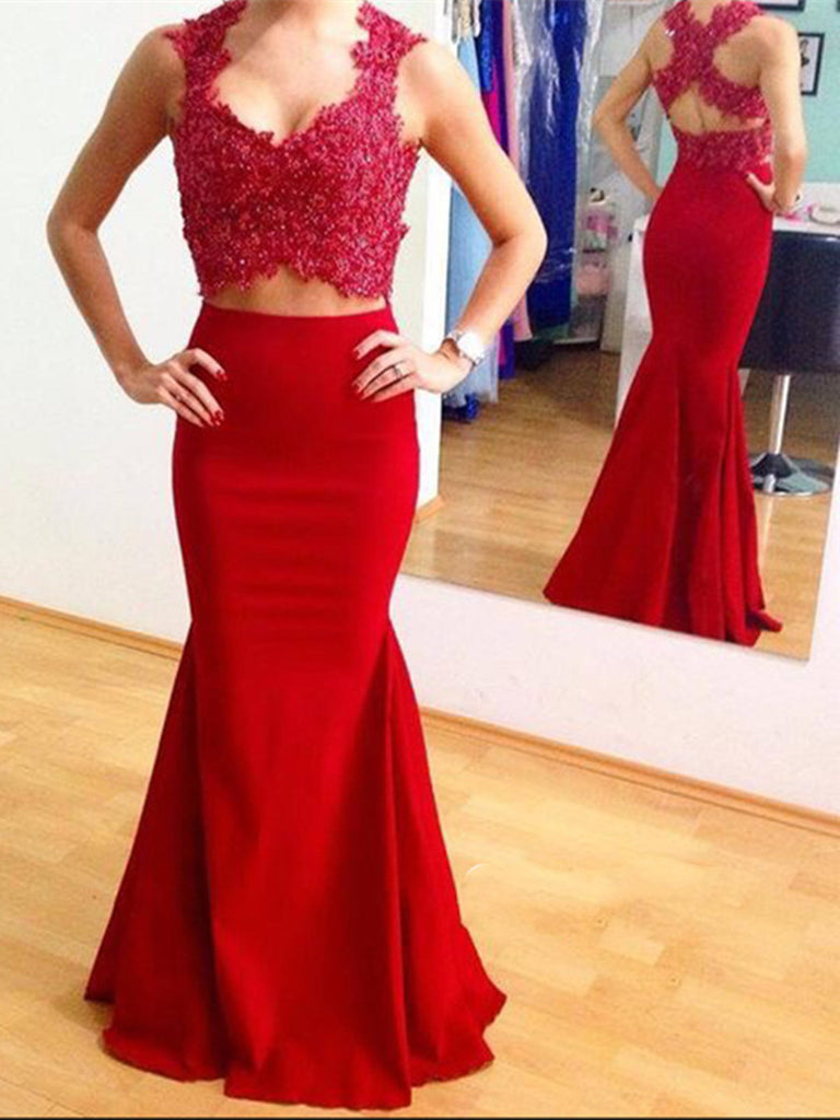 Custom Made Red Sleeveless Mermaid Lace Prom Dress with Cross Back, Red Mermaid Formal Dress, Party Dress