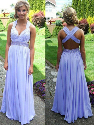 Light Purple A-line Straps Cross-back Beaded Long Prom Dress, Graduation Dress, Wedding Party Dress