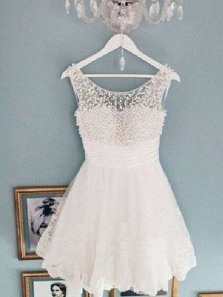 Round Neck White Short Lace Prom Dresses, White Short Lace Homecoming Dresses/Graduation Dress