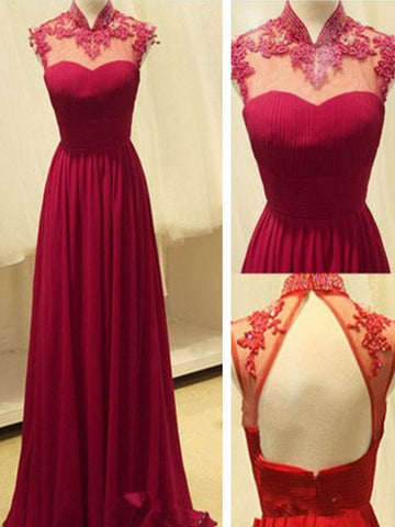 Custom Made A Line High Neck Backless Lace Prom Dresses, Long Formal Dress, Bridesmaid Dress