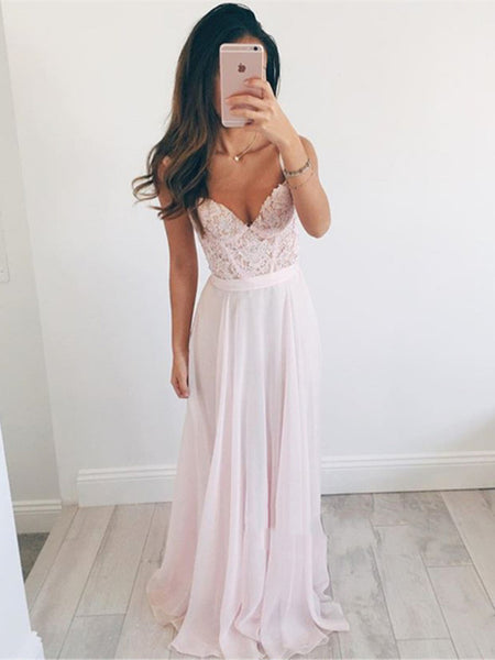 A Line Sweetheart Neck Light Pink Long Lace Prom Dress, Light Pink Lace Formal Dress, Bridesmaid Dress