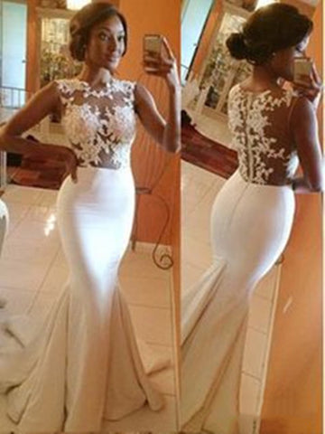 Custom Made White A-line round neckline Lace Long Prom Dresses, Wedding Dress