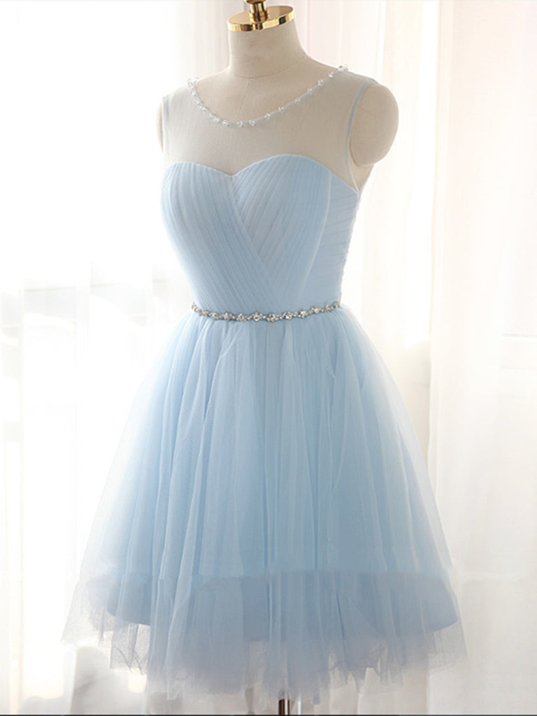 Round Neck Short Blue Prom Dresses, Short Blue Graduation Dresses, Hom